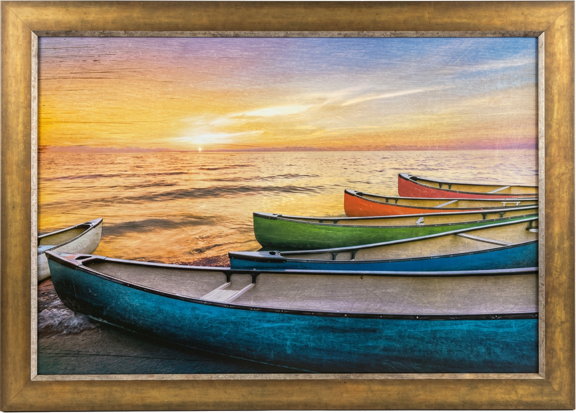 Canoes at sunset: An antiqued gold frame with a silver inner lip.